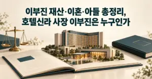 이부진의 재산·이혼·아들을 다룬 기사 제목 아래 호텔 모형과 서류, 황동 저울, 가족 앨범을 배치한 그래픽.