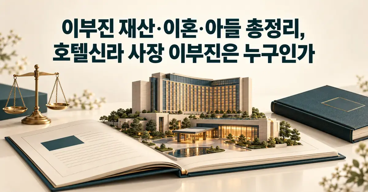 이부진의 재산·이혼·아들을 다룬 기사 제목 아래 호텔 모형과 서류, 황동 저울, 가족 앨범을 배치한 그래픽.